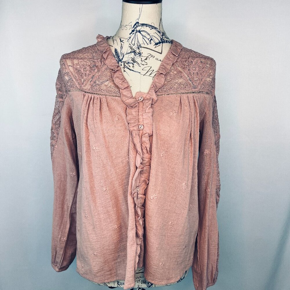 Anthropologie Mauve Long Sleeve Lace Peasant V-Neck Casual Top US Size 2 NWT